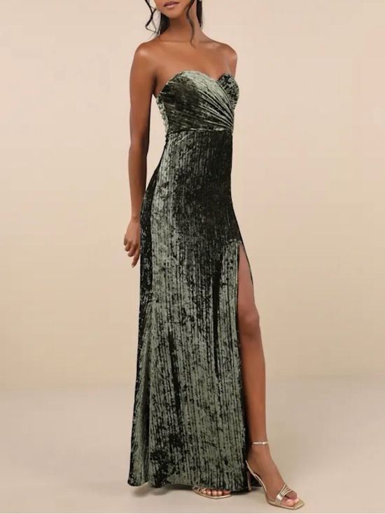 Lulus Dresses & Skirts - Lulu's Olive Green Strapless Velvet Gown with Side Slit